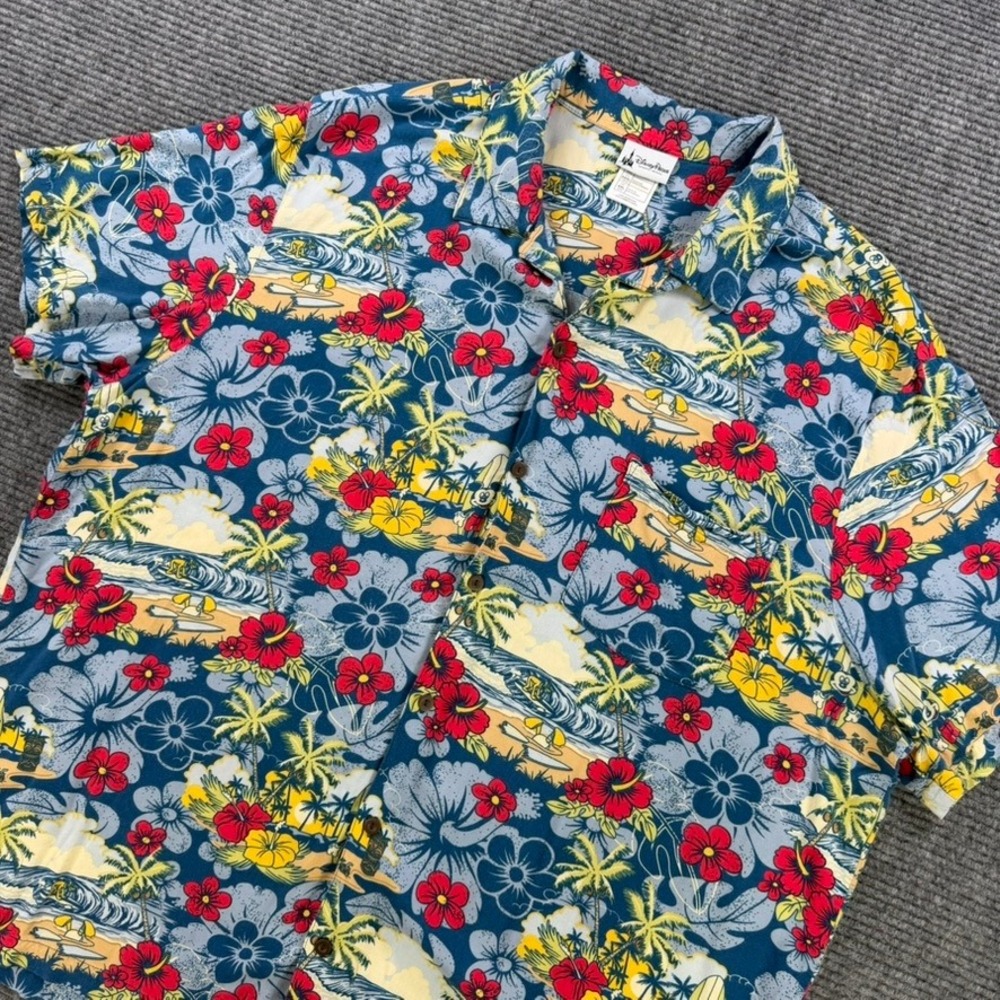 Disney Parks Mickey Mouse Hawaiian Shirt Men XXL Blue Tropical Surfing Button Up
